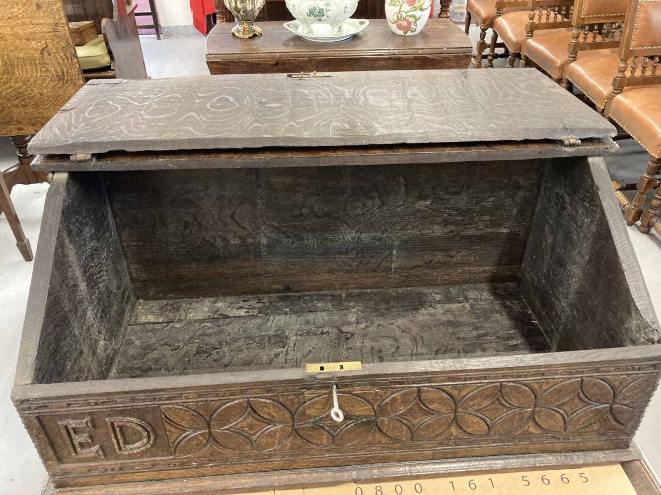18th cent. Oak Bible box with later additions, cast iron hinges, chip decoration to sides, and - Image 2 of 2