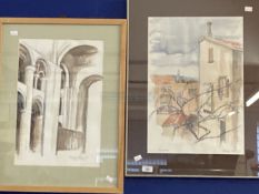 Daphne Boothby (born 1931): 1992 watercolour and pastel on paper 'Perugia' village and seascape.