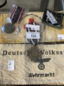 Militaria: Third Reich German Army steel belt buckle, War Merit Medal, Volksturm Armband, Red