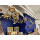 20th cent. Six branch ceiling lights with amber overlay glass shades, a pair. 24ins. Plus a matching