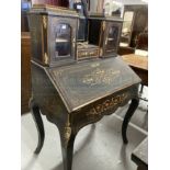 19th cent. French ebonised Bonheur du Jour, stylised inlaid decoration with brass mounts. 32ins. x