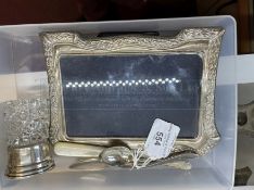 Hallmarked Silver: Jam spoon, teaspoon, fruit knife, photograph frame, and a glass perfume bottle