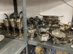 Silver Platedware: Collection of items including, teapots x 4, coffee pot, goblets x 6, cake stands,