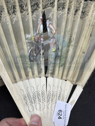 Objects of Virtu: 19th cent. Ivory and lace fan with a female in a pastoral setting design of silk