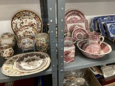 20th cent. Masons Brown Velvet jugs x 2, pot, dinner plate, 'Vista' jug and bowl, jug A/F, square