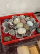 Minerals: Ground and polished eggs, rose crystal, agates, etc. x 12, plus soapstone carved dish.