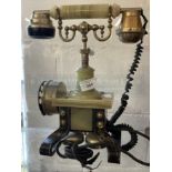 Mid 20th cent. Continental green onyx and Japanned effect telephone. 12ins. (Not for use)