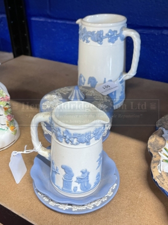 20th cent. Ceramics: Wedgwood powder bowl with white vines, pin trays x 2, jugs x 2 creamer and