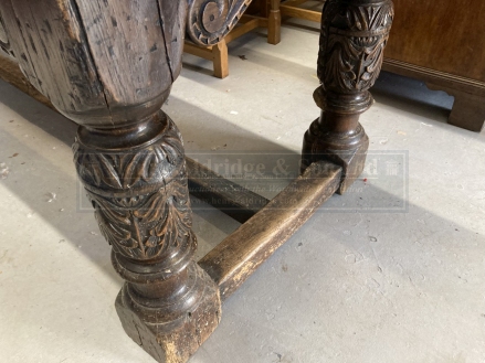 17th cent. Style, oak refectory table, the cleated plank top with foliate carved frieze, on leaf - Image 3 of 7