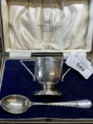 Hallmarked Silver: Egg cup and spoon, cased, hallmarked Sheffield. Weight 2.95oz.