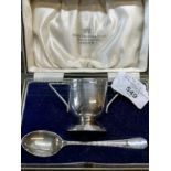 Hallmarked Silver: Egg cup and spoon, cased, hallmarked Sheffield. Weight 2.95oz.