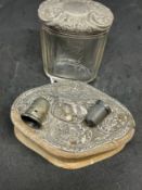 Hallmarked Silver: Clear glass trinket pot with silver cover London 1905, treen trinket box with