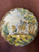 19th cent. Italian faience charger horseman lancing peasant. Width 15½ins.