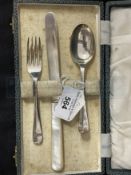 Hallmarked Silver: Child's fork, spoon and knife with mother of pearl handle hallmarked Sheffield.