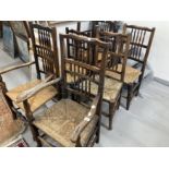 19th cent. Oak and elm country chairs with rush seats x 6, plus similar elbow chair, also with