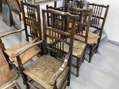 19th cent. Oak and elm country chairs with rush seats x 6, plus similar elbow chair, also with