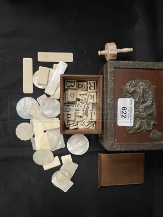 19th cent. Games: Chinese mother of pearl engraved and ivory games markers x 29, plus oak boxed