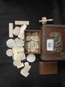 19th cent. Games: Chinese mother of pearl engraved and ivory games markers x 29, plus oak boxed