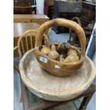 Treen: 20th cent. Burr elm fruit bowl with carved fruit apples and pears. Bowl 12ins. Fruit