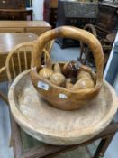 Treen: 20th cent. Burr elm fruit bowl with carved fruit apples and pears. Bowl 12ins. Fruit