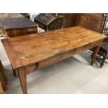 Early 19th cent. Cherry wood plank farmhouse table on tapered supports, long end on drawer with