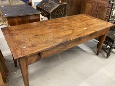 Early 19th cent. Cherry wood plank farmhouse table on tapered supports, long end on drawer with