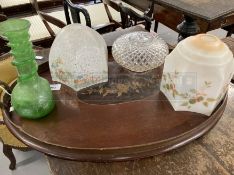 Art Deco: Glass shades, a green Roman style glass vase. Plus an Edwardian inlaid mahogany tray.