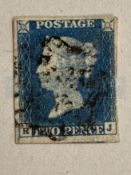 Stamps: SG5, 1840, 2d Blue Two Pence Blue, Plate 2, RJ, Small Crown WM, four good margins, Lightly