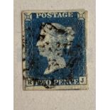 Stamps: SG5, 1840, 2d Blue Two Pence Blue, Plate 2, RJ, Small Crown WM, four good margins, Lightly