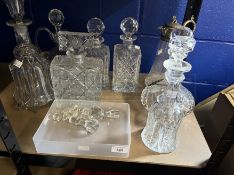 19th/20th cent. Glass and crystal decanters, rectangular hob cut, pair Whisky, ships engraved with