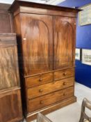 19th cent. Mahogany linen press robe over two short and three long drawers minus sliders. 50ins. x