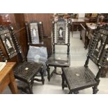 Set of four North Italian ebonised and bone inlaid hall chairs (one requiring complete restoration).