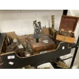 Collection of mixed items to include reproduction West of London bronze sundial/compass, microscope,