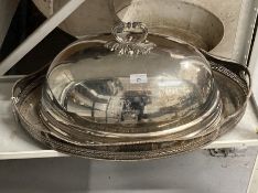 20th cent. Silver plated oval tray and electroplated meat cover with armorial. 41ins.