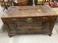 Chinese carved camphor wood marriage chest. 40ins. x 24ins. x 21ins.