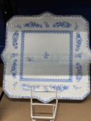 19th cent. Ceramics: Minton blue and white floral square hors d'oeuvre, gilt border. 16ins. x