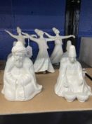 20th cent. Turkish Ceramics: Mevlana Dervish Bandsman x 3, Dancer x 3, and Holy Man. Stamp mark to