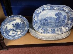 19th cent. Ceramics: Blue/white meat plates Hare Hall, Yorkshire, blue/white dish, and another