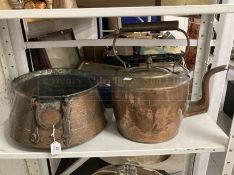 Metalware: 19th cent. Copper and brass large kettle, 15ins. x 15ins. Plus a large copper and iron