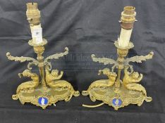 19th cent. Gilt ormolu lamps with oval inset Jasperware plaques. 12ins.