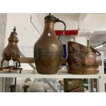 Metalware: 19th cent. Large copper lidded jug 20ins tall, plus 20th cent. Copper small samovar and