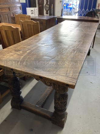 17th cent. Style, oak refectory table, the cleated plank top with foliate carved frieze, on leaf - Image 7 of 7