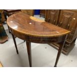 Mahogany Sheraton Revival demi-lune pier table, fruitwood inlaid with a geometric motif, on tapering