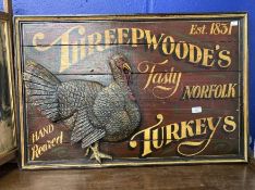 Decorative treen shop sign 'Threepwoode's Tasty Norfolk Turkeys Est. 1832' 36ins. x 24ins.