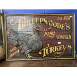 Decorative treen shop sign 'Threepwoode's Tasty Norfolk Turkeys Est. 1832' 36ins. x 24ins.