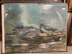 James V. Reynolds: 1980 oil on board, aircraft carrier U.S.S. Guadalcanal, signed and titled