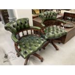 20th cent. Reproduction office swivel chair in green leather button finish with veneered hardwood
