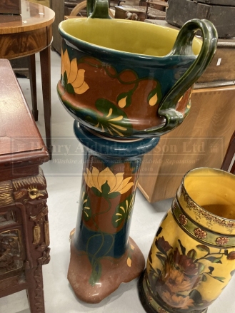 Early 20th cent. Pottery aesthetic jardiniere on stand, and a pottery stick stand. A/F. - Image 3 of 4