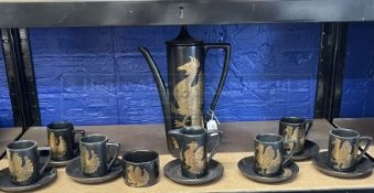 Late 1960s/Early 1970s Ceramics: Portmeirion, John Cuffley black & gilt Phoenix coffee set, 6 cups