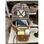 20th cent. Wicker basket containing picnic set for two. Plus a horse race goer's tea and flask set.